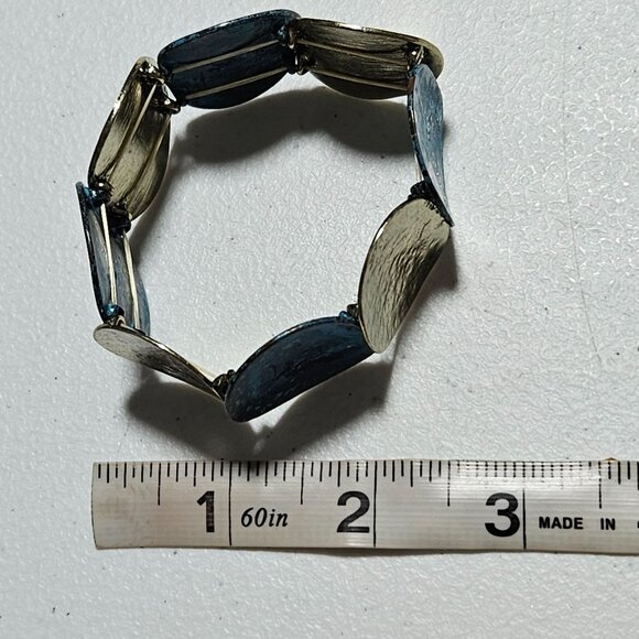 Vintage Elegant Blue Gold Tone Stretch Bracelet Textured Oval Panels Retro Women - Picture 4 of 4